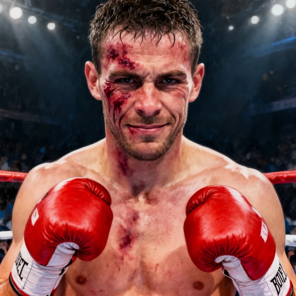 Paint a bruised boxer smiling, serious expression.