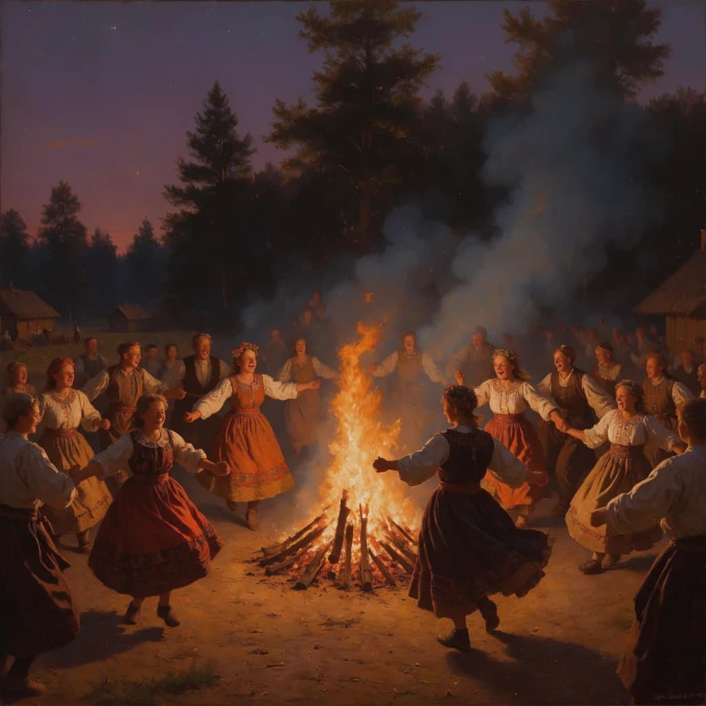Make an oil painting of villagers dancing by a bonfire at dusk, a bit smoky.