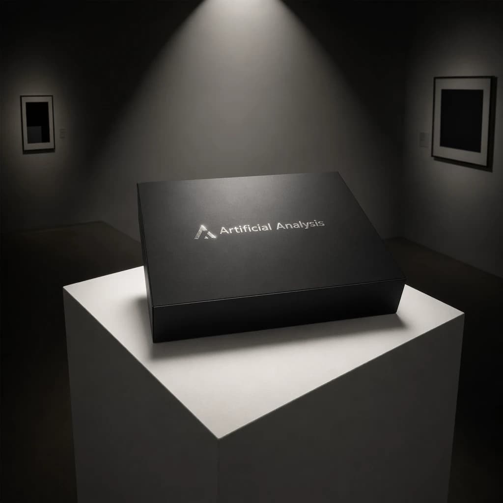 A premium matte black laptop-sized box rests on a pure white pedestal within a gallery space. Overhead, a single spotlight carves sharp contrast, leaving the edges in deep shadow. The brand name Artificial Analysis is embossed in silver foil, glinting faintly as though it were jewelry.