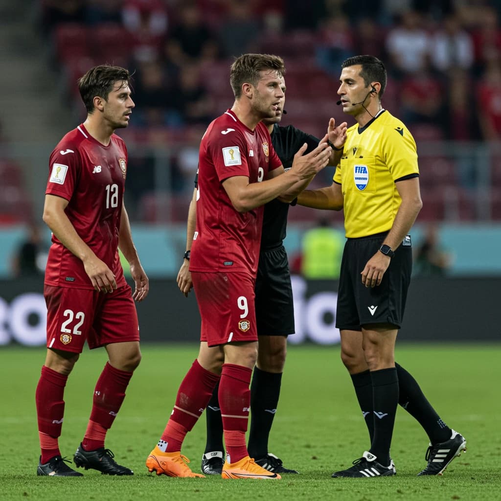The soccer player clashes with the ref. It is thick and humid and the heat is getting to the players. His friend tries to pull him off before he causes any more trouble.