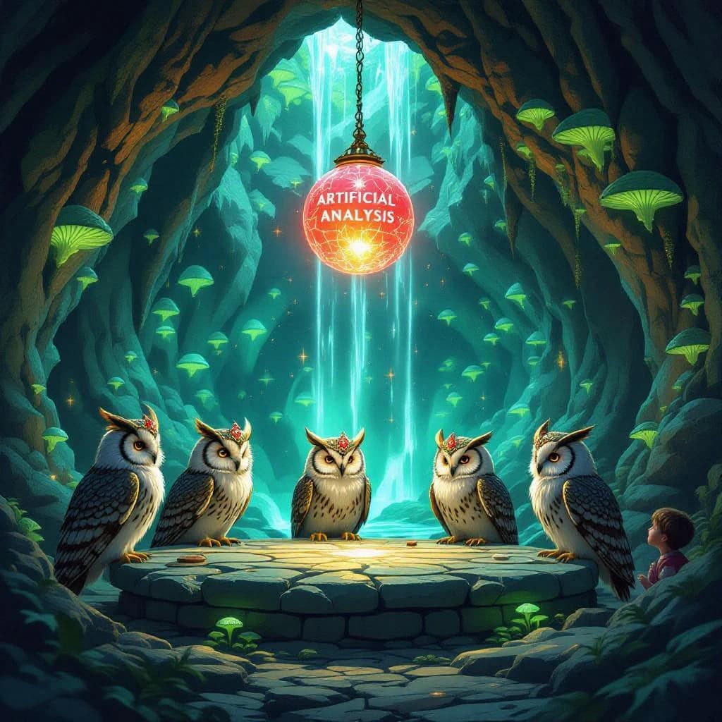 In a cavern lined with bioluminescent fungi glowing lime green, the council of owls wear jeweled crowns that glimmer with rubies, their wings folded behind their backs. Dust coats the stone table, a glowing orb inscribed with “Artificial Analysis” hovers above the table illuminating the owls with its red pulsating light. Behind them, a waterfall falls upward into a ceiling that opens onto stars - a child looks down in wonder from above at what he has stumbled across.