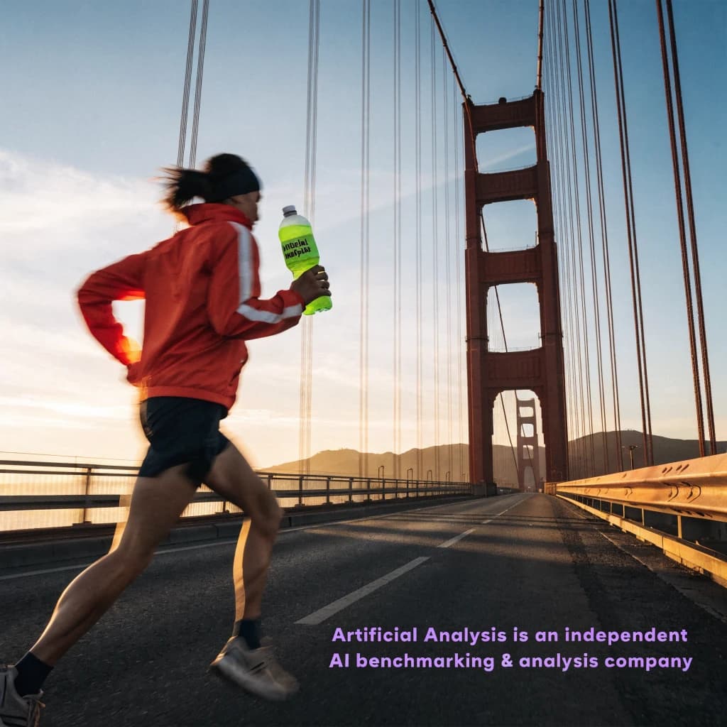 A runner dashes across the Golden Gate Bridge at dawn, sunlight streaming between cables. In their hand, they carry a neon-green sports drink with the brand name Artificial Analysis splashed boldly across the bottle. Motion blur emphasizes speed, while crisp purple sans serif typography overlays the bottom right of the scene with the tagline: Artificial Analysis is an independent AI benchmarking & analysis company