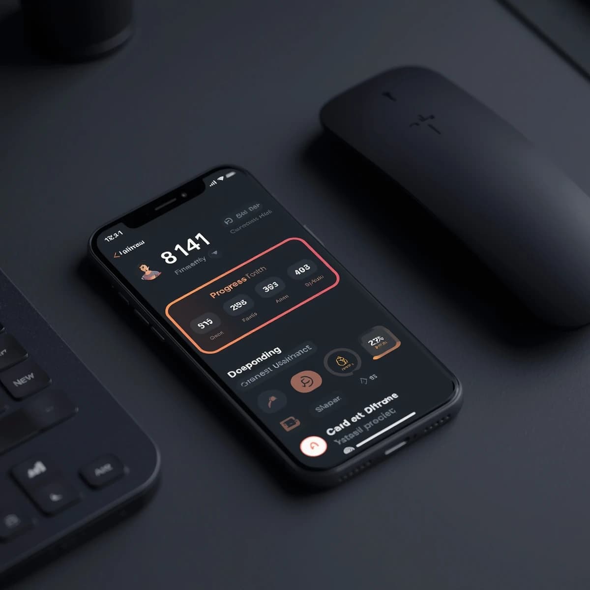 Sleek mobile fitness app screens on a desk: dark mode home, progress dashboard, simple onboarding, clear 8 pt grid, slightly oversized buttons for thumb reach, muted colors.