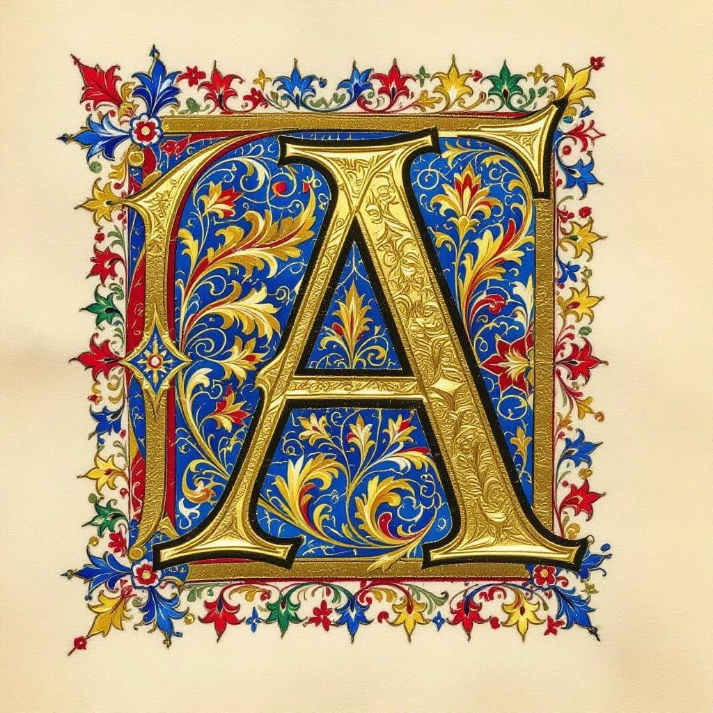 Illuminated letter A on vellum, gold leaf, a bit uneven flourishes.