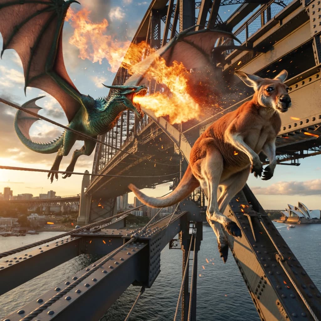 A dragon breathes fire at a kangaroo that is running away by climbing over the top of the Sydney Harbour Bridge. Opera House visible in the background.