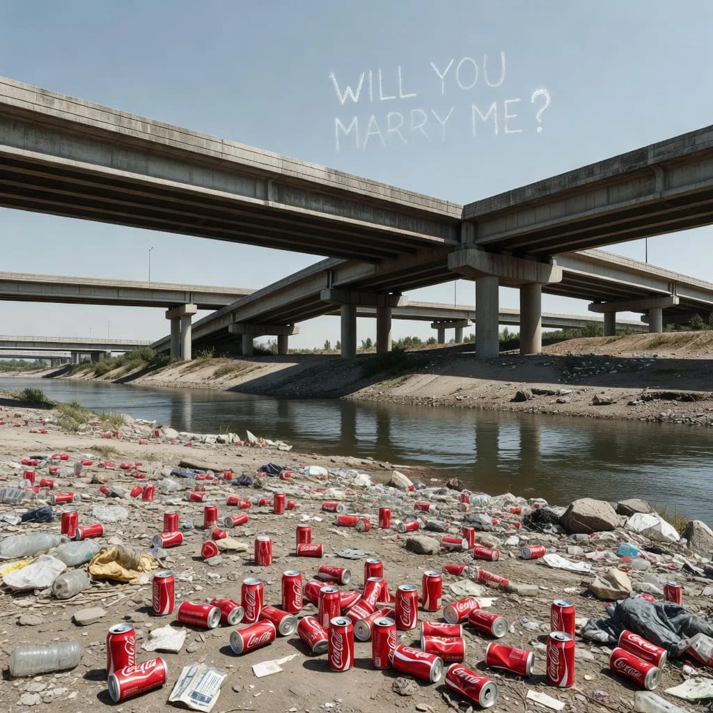 Red soda cans and other garbage sit strewn across the bank of an urban river only a few metres wide. Concrete overpasses criss cross overhead on a bright and sunny day. Fading skywriting proposes marriage