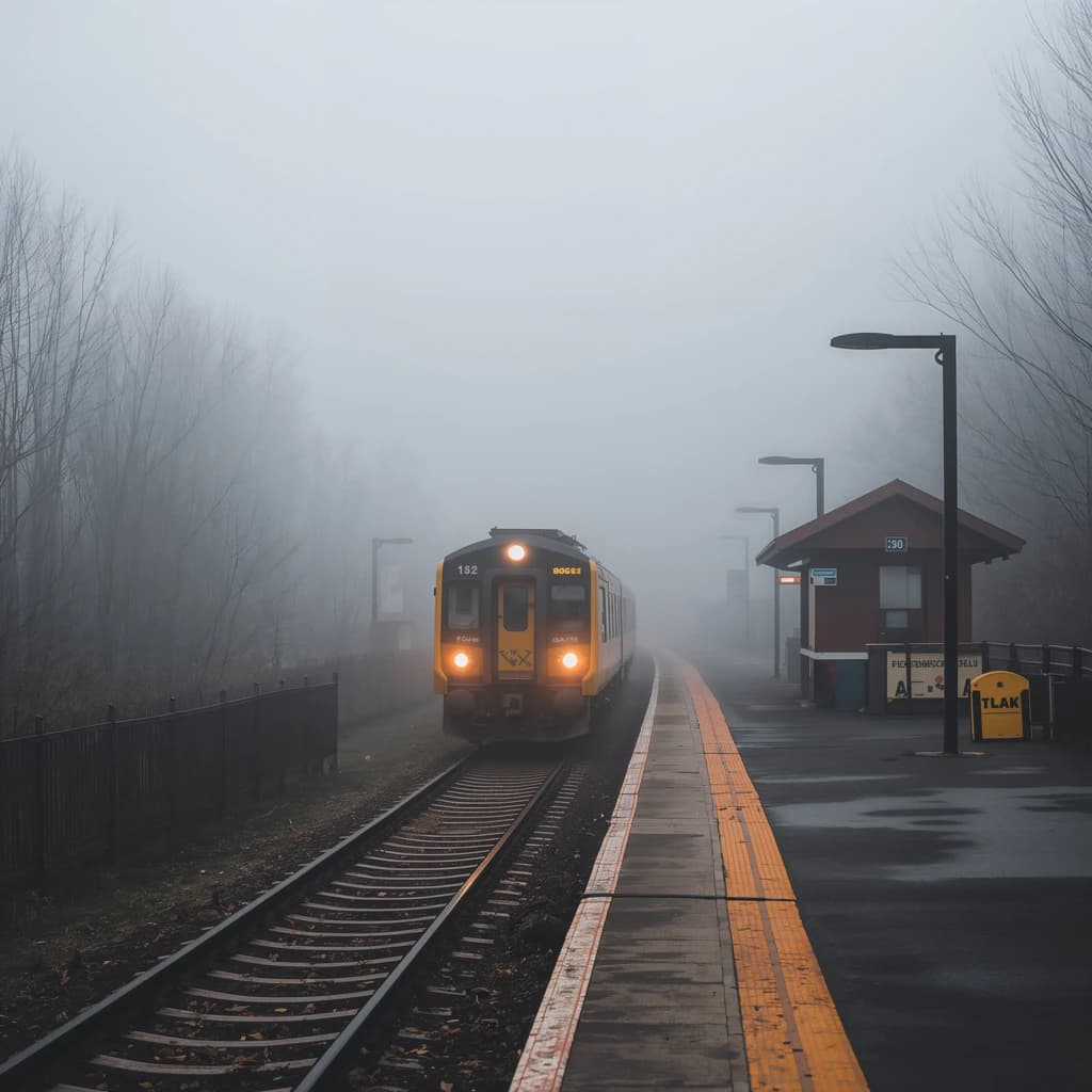 A commuter train enters a foggy little station.