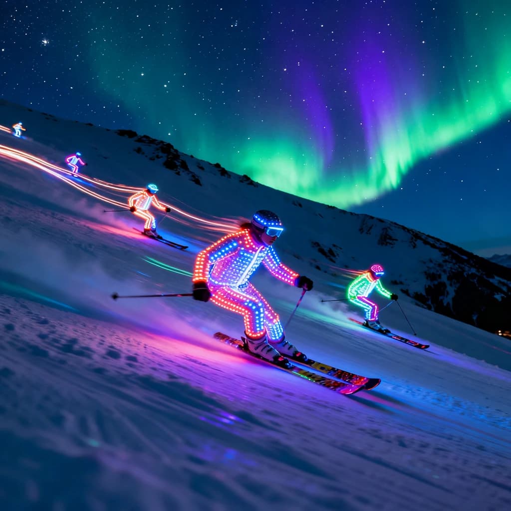 Coronet Peak Night Skiing: Skiers in colorful LED suits carve their way down the slopes of New Zealand's Coronet Peak under the Aurora Borealis, the skiers' light trails visible behind them