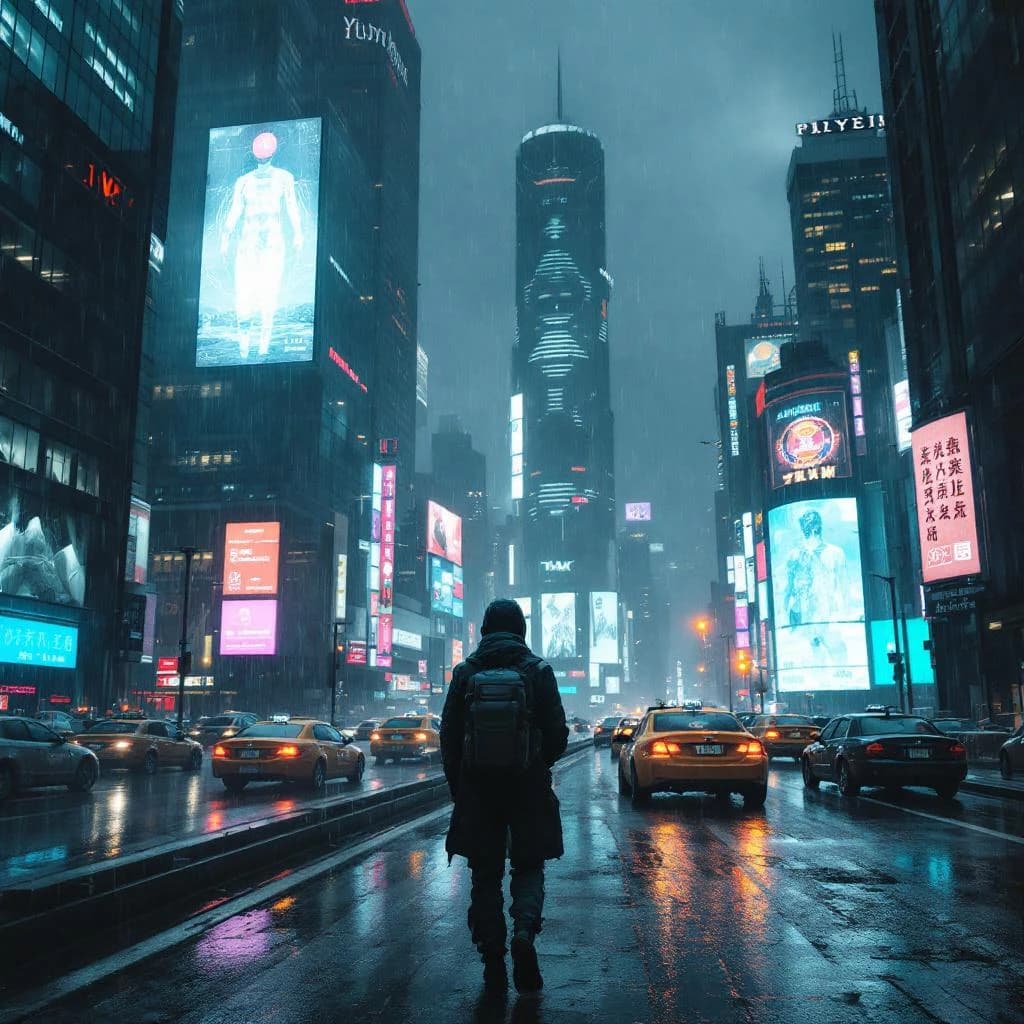 Rain-soaked neon megacity at night, flying taxis weave between glass towers, giant holograms flicker; a lone courier in a matte exosuit, somewhat cinematic wide angle.