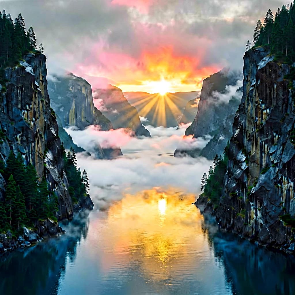 Frame a foggy fjord at sunrise, cliffs looming.