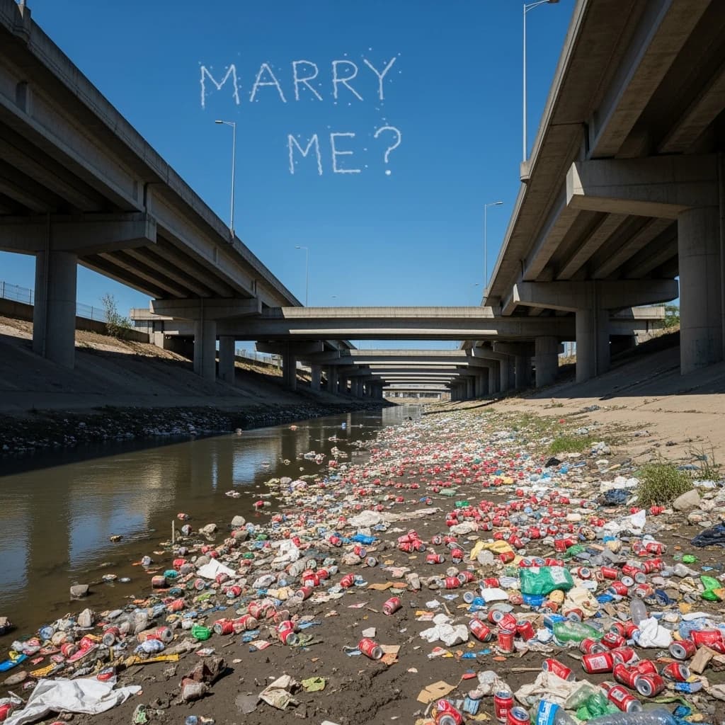 Red soda cans and other garbage sit strewn across the bank of an urban river only a few metres wide. Concrete overpasses criss cross overhead on a bright and sunny day. Fading skywriting proposes marriage