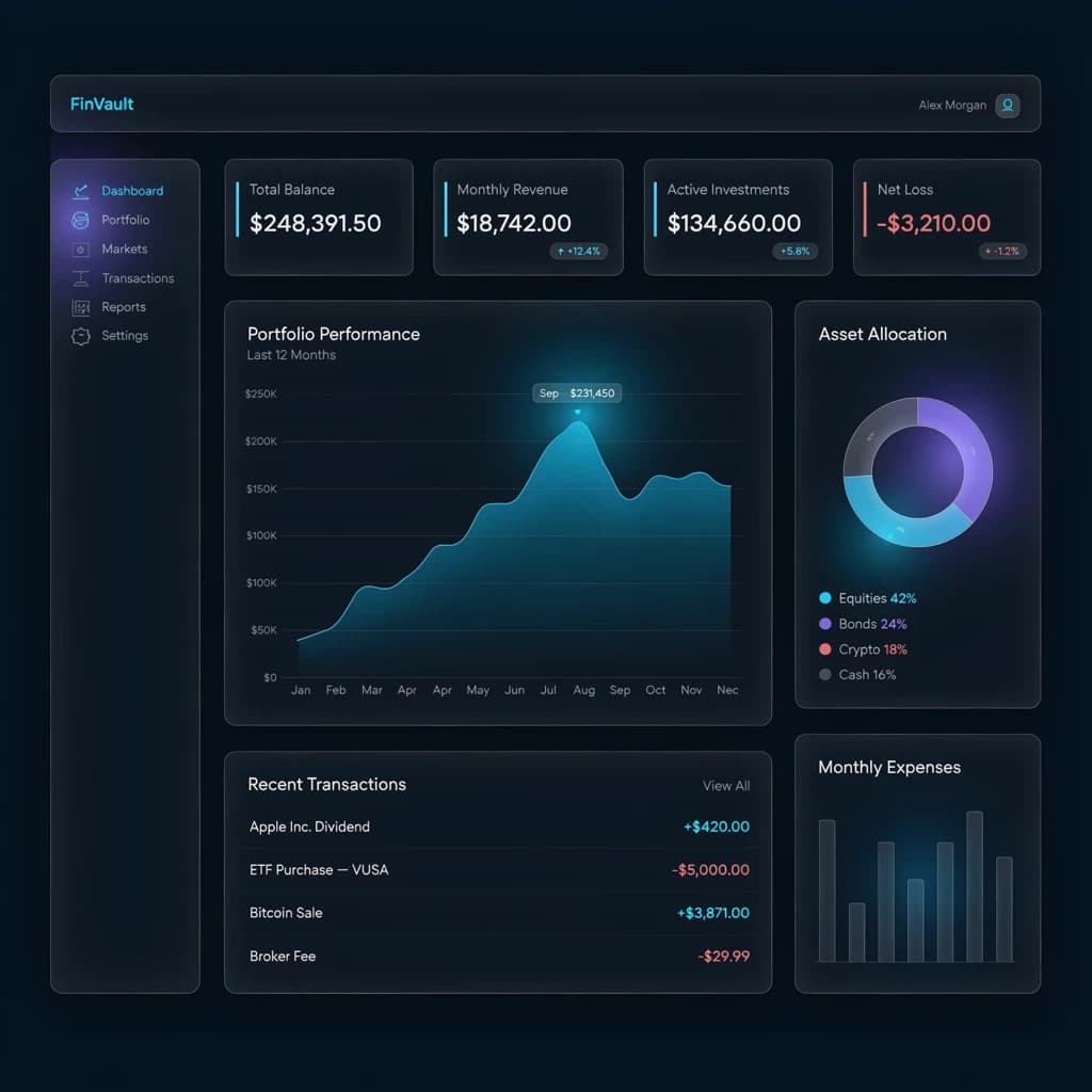 Make a dark mode finance dashboard with charts, glassmorphism, soft neon glow.