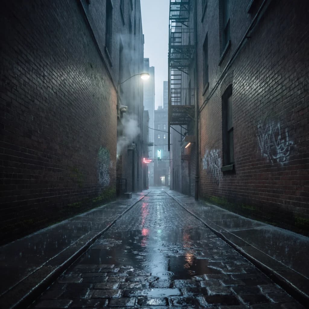 Show a narrow brick alley with wet cobblestones.