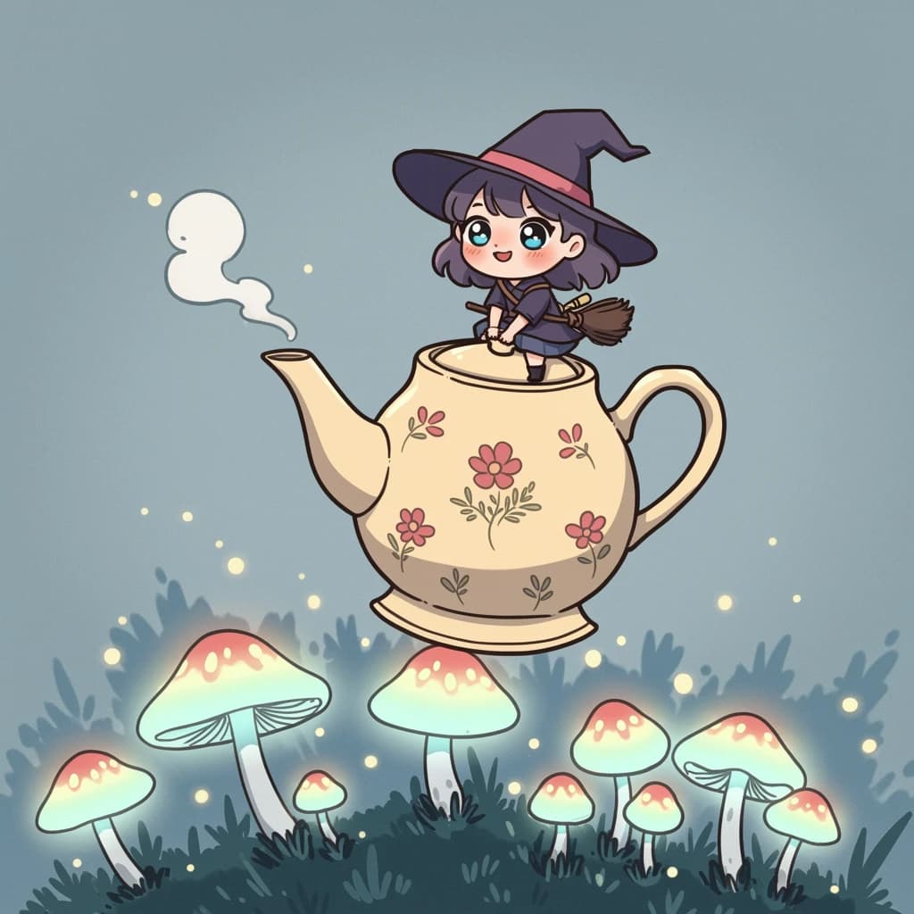 A tiny witch rides a teapot over glowing mushrooms, a bit chibi, thick lines.