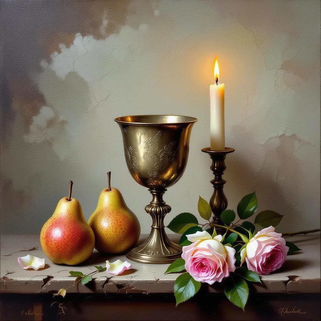 Create an oil on canvas still life with a tarnished goblet, bruised pears, and wilted roses, lit by a single candle; a bit muted palette, soft brushwork, subtle craquelure.