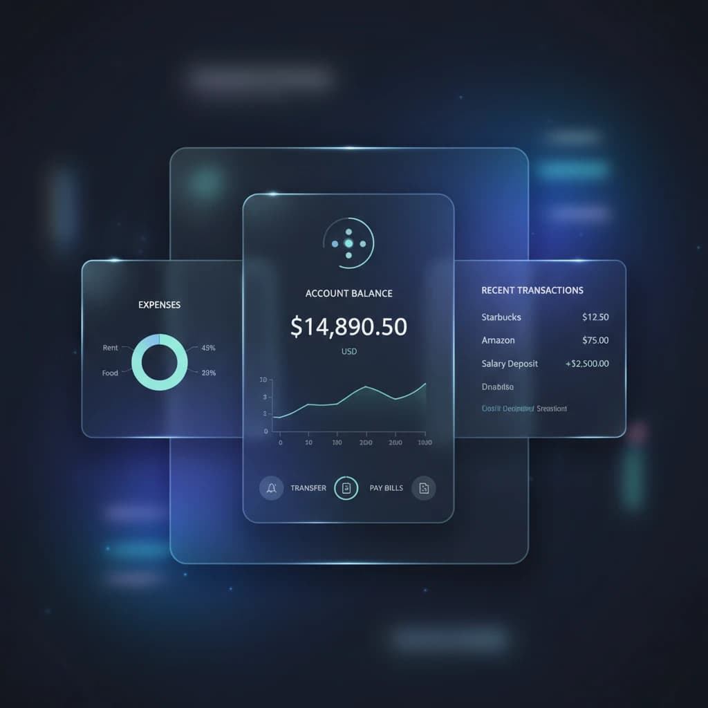 Dark mode banking dashboard with glassmorphism.