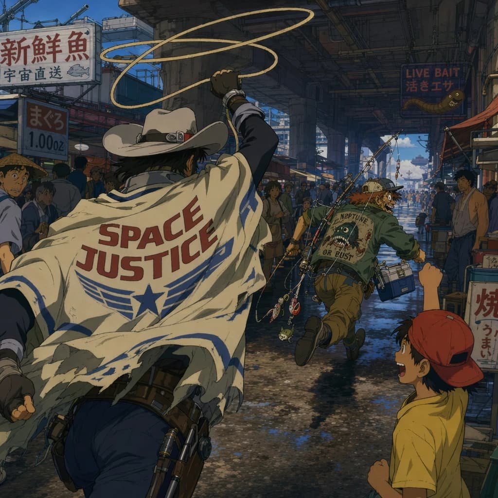 The space cowboy chases the deranged fisherman underneath the causeway, eager to collect on his bounty. Fishing rods and lines hang off the back off the fishermen as he darts between the bustling market crowd. We see the back of the space cowboy in his space poncho emblazoned with the words SPACE JUSTICE, spinning his lasso over his head. A child on the sidelines excitedly cheers the cowboy. 1990s hand drawn anime style with strong fluidity
