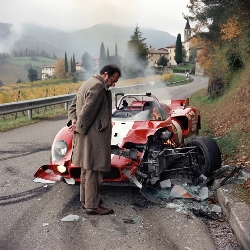Mario examines the still smouldering wreck of the crash that took his best driver on the side of the country road. He designed this car and caused this. 3 days have passed since the crash. It's 1973 in Northern Italy.