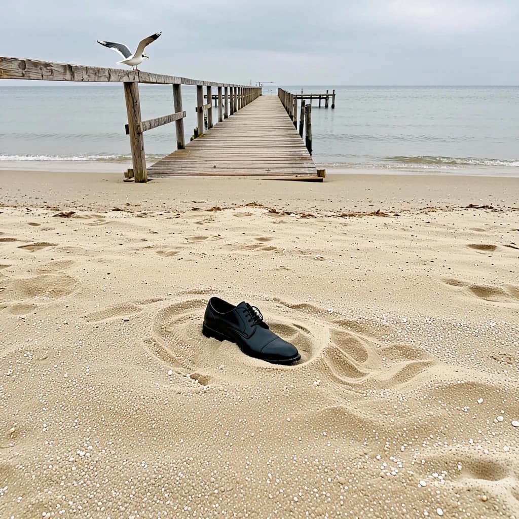 The beach is flat, sand beige, granular, no shells, except for a single left shoe, black leather, size eleven, half buried at an angle. The pier extends straight into the water, wood untreated, grain visible, though the support posts vanish before they touch the surface. The sky is uniformly gray, no clouds, yet shadows stretch at sharp diagonals. A single gull sits on the railing, wings outstretched, frozen mid-flap, no movement.