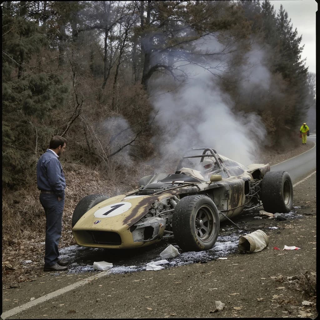 Mario examines the still smouldering wreck of the crash that took his best driver on the side of the country road. He designed this car and caused this. 3 days have passed since the crash. It's 1973 in Northern Italy.