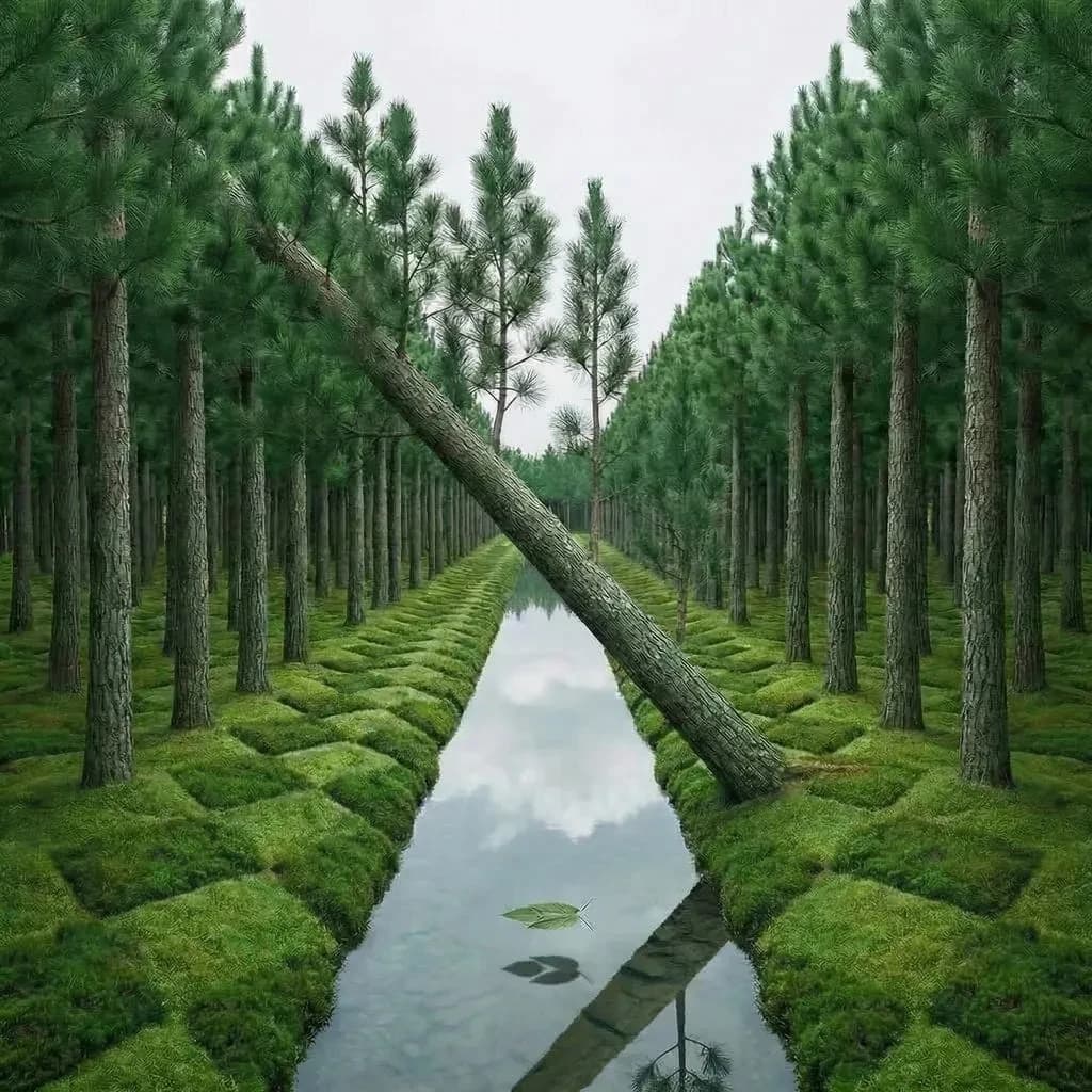 The forest is saturated green, trees identical in height and width, trunks straight, bark texture repeating. One trunk leans diagonally yet the branches remain vertical. The moss is emerald, glistening, though each patch forms identical diamond shapes. A stream runs straight, perfectly linear, water clear, reflecting clouds not visible in the sky. No animals, no insects, but one leaf floats on the water, doubled, showing two overlapping shadows.