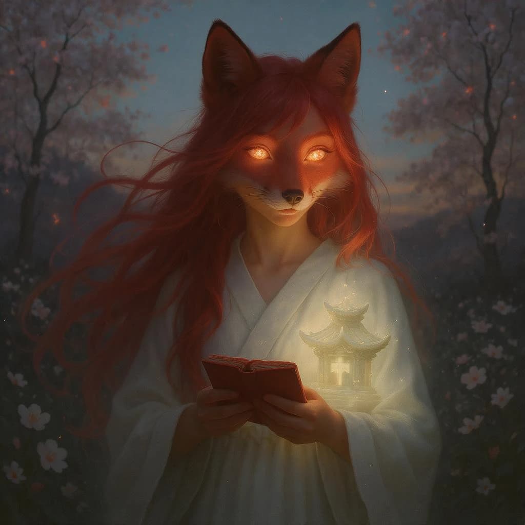 Cel-shaded fox spirit girl, glowing shrine at dusk, soft bloom, sparkly eyes.
