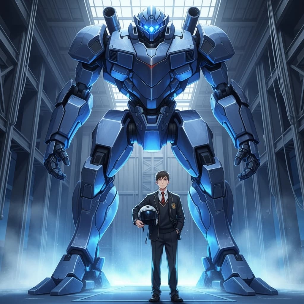 A teenage pilot grips his helmet under one arm, standing at the edge of a glowing hangar bay. Before him looms a sleek, steel-blue mech, its eyes lit with a cold electric glare. His school uniform is rumpled, a sharp contrast to the machine’s flawless plating. The vast scale engulfs him in shadow, emphasizing both awe and dread. Hand-drawn anime style.