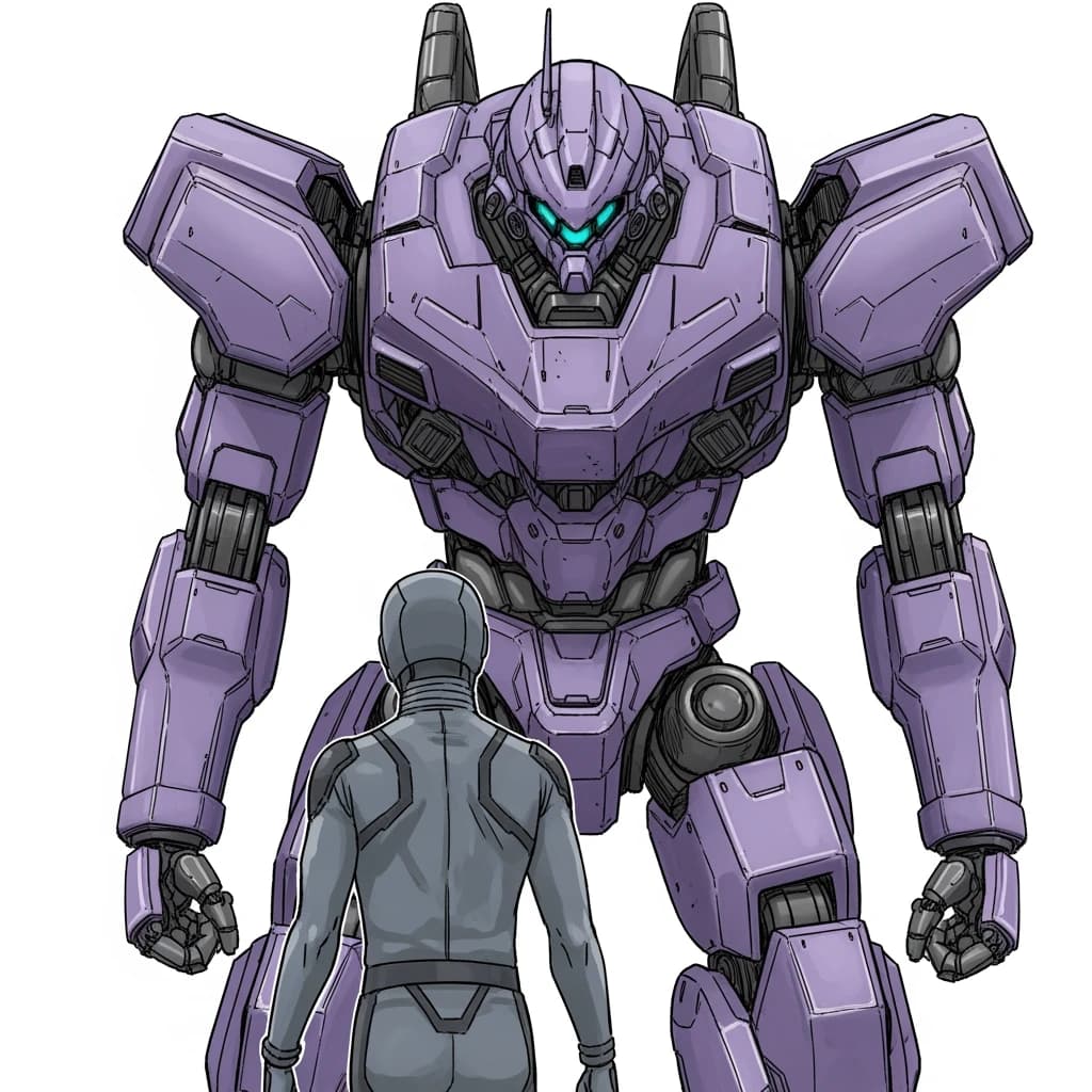 Clad in his body suit up to the neck, young Masa nervously approaches the towering mech with his back facing us. He is nervous for his first time in the field. The mech's bright purple colour scheme contrasts with the grey body suit. The scale of the mech dwarfs Masa. Hand drawn style
