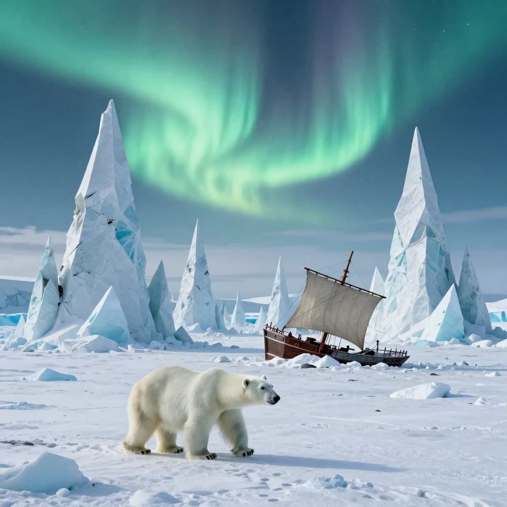 An endless tundra stretches outward, littered with jagged icebergs shaped like cathedral spires. A polar bear trudges across the foreground but leaves no tracks. Auroras ripple overhead. A half-buried shipwreck juts from the snow — sails billowing despite the still air.