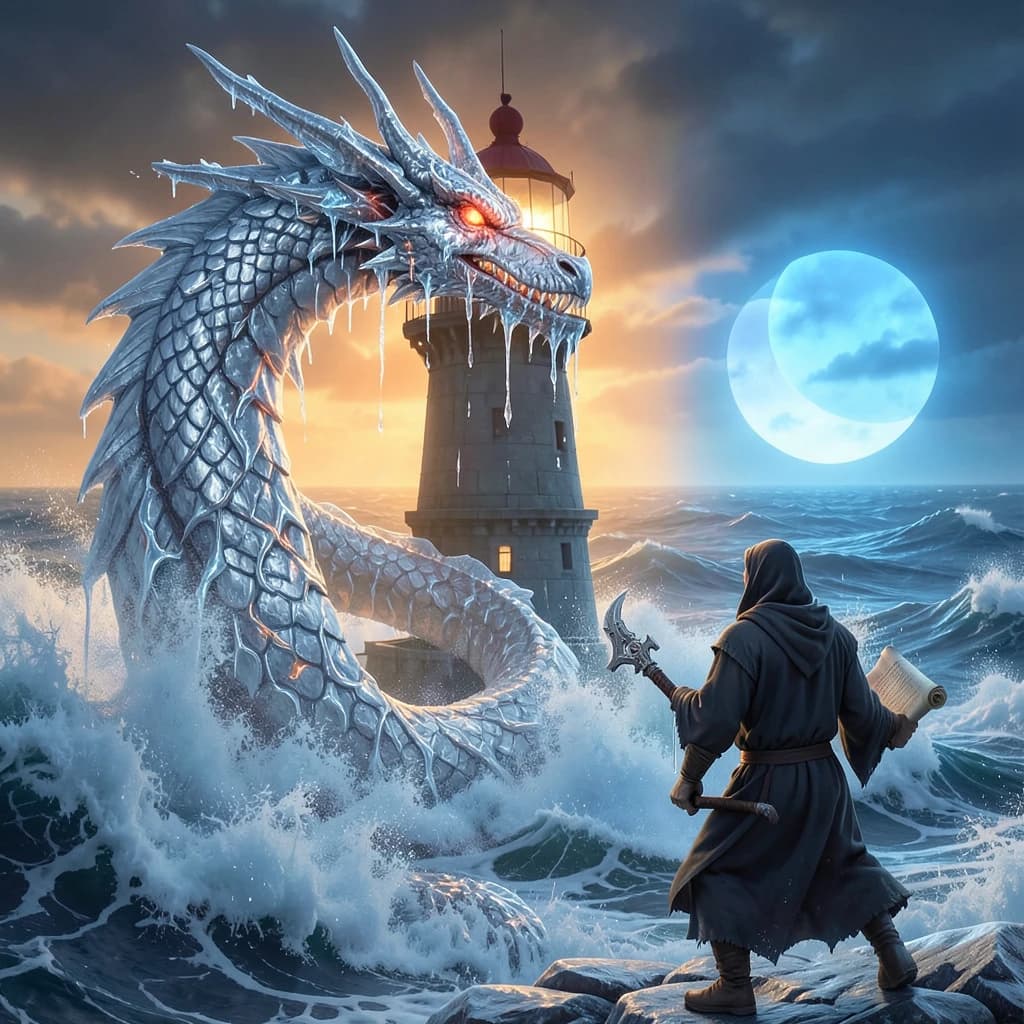 A dragon of molten silver coils around a lighthouse. The storming sea below crashes upward in frozen stillness, as though caught mid-motion. The dragon’s molten eyes drip tears of ice. On the horizon, two suns set next to each other, casting orange light on one side of the tower and blue on the other. A cloaked traveler carries an ancient weapon in his left hand and a scroll in his right.