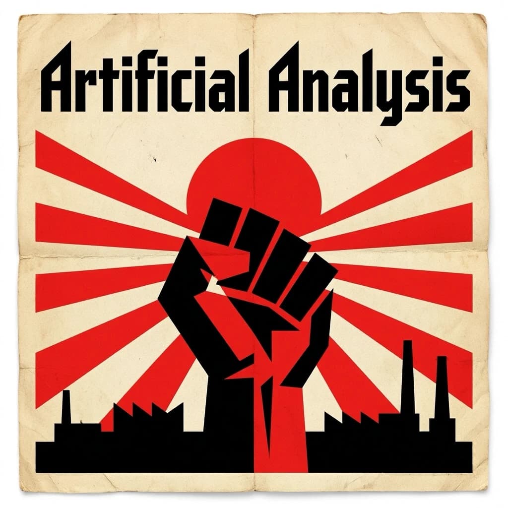 A propaganda poster in stark red, black, and beige. A clenched fist rises in the foreground, rendered with sharp geometric blocks. Behind it, radiating lines stretch upward toward a stylized sun. At the top, bold sans-serif lettering in Cyrillic-inspired type spells out Artificial Analysis, tilted at an angle for emphasis. A factory skyline silhouettes the bottom edge, smoke stacks rising into the background. The texture is rough, printed on aged paper with visible creases and ink bleed. Designed in the constructivist Soviet poster style.