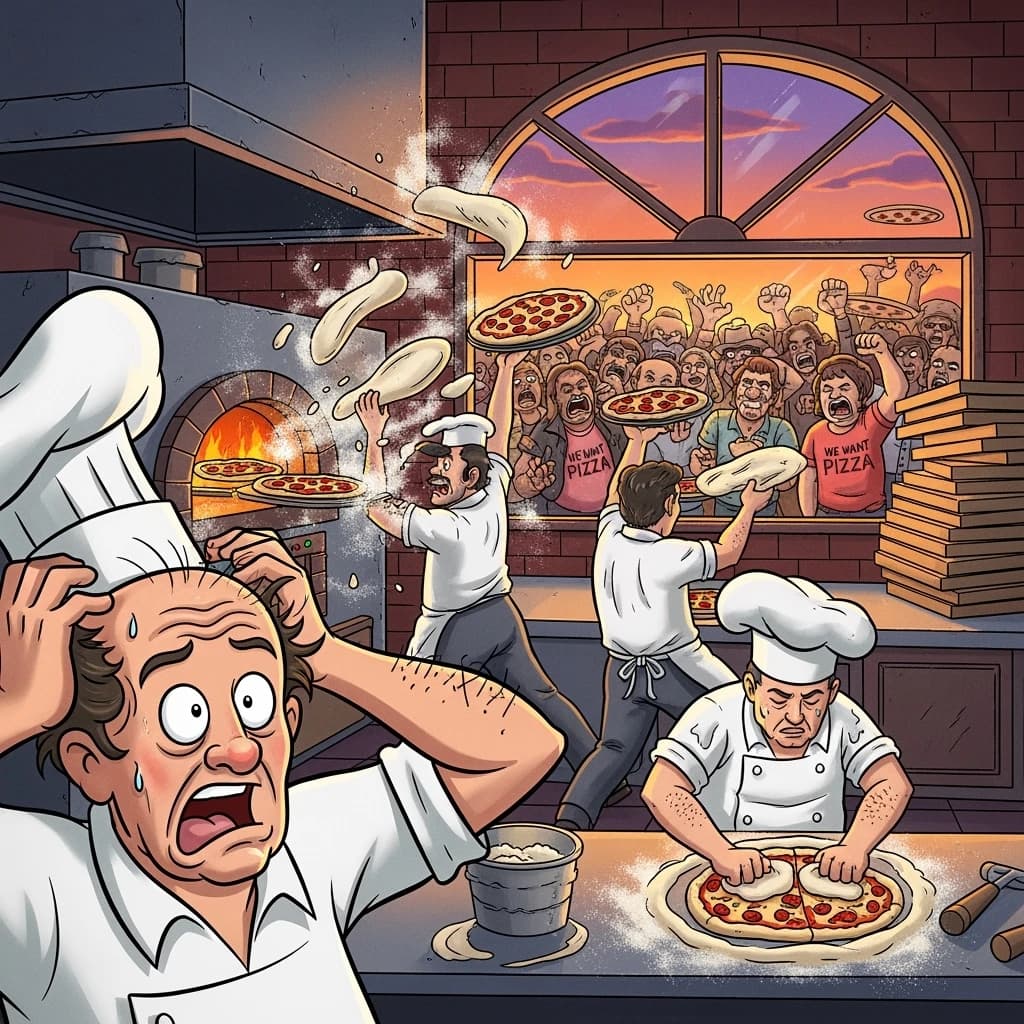 Pasquale is pulling his few remaining hairs out over a disaster at the pizzeria - the cooks are working as fast as they can but the crowds outside are swelling and they demand hot hot pizza! They are banging on the glass and some are wearing "we want pizza" shirts. 1980s western TV animation style.