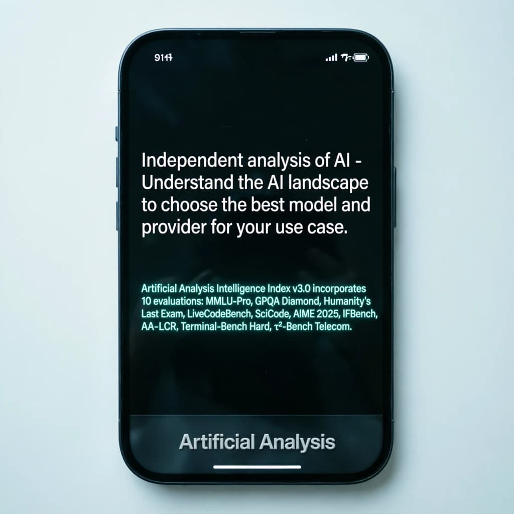 On a black smartphone UI with rounded corners, display a centered text block in white San Francisco font, 16pt: “Independent analysis of AI - Understand the AI landscape to choose the best model and provider for your use case.” Below, in neon cyan, monospace font, smaller size: “Artificial Analysis Intelligence Index v3.0 incorporates 10 evaluations: MMLU-Pro, GPQA Diamond, Humanity's Last Exam, LiveCodeBench, SciCode, AIME 2025, IFBench, AA-LCR, Terminal-Bench Hard, 𝜏²-Bench Telecom.” The second block scrolls horizontally as a ticker. The battery icon in the status bar shows 54%. The Artificial Analysis logo appears faintly, embossed into the bottom navigation bar.