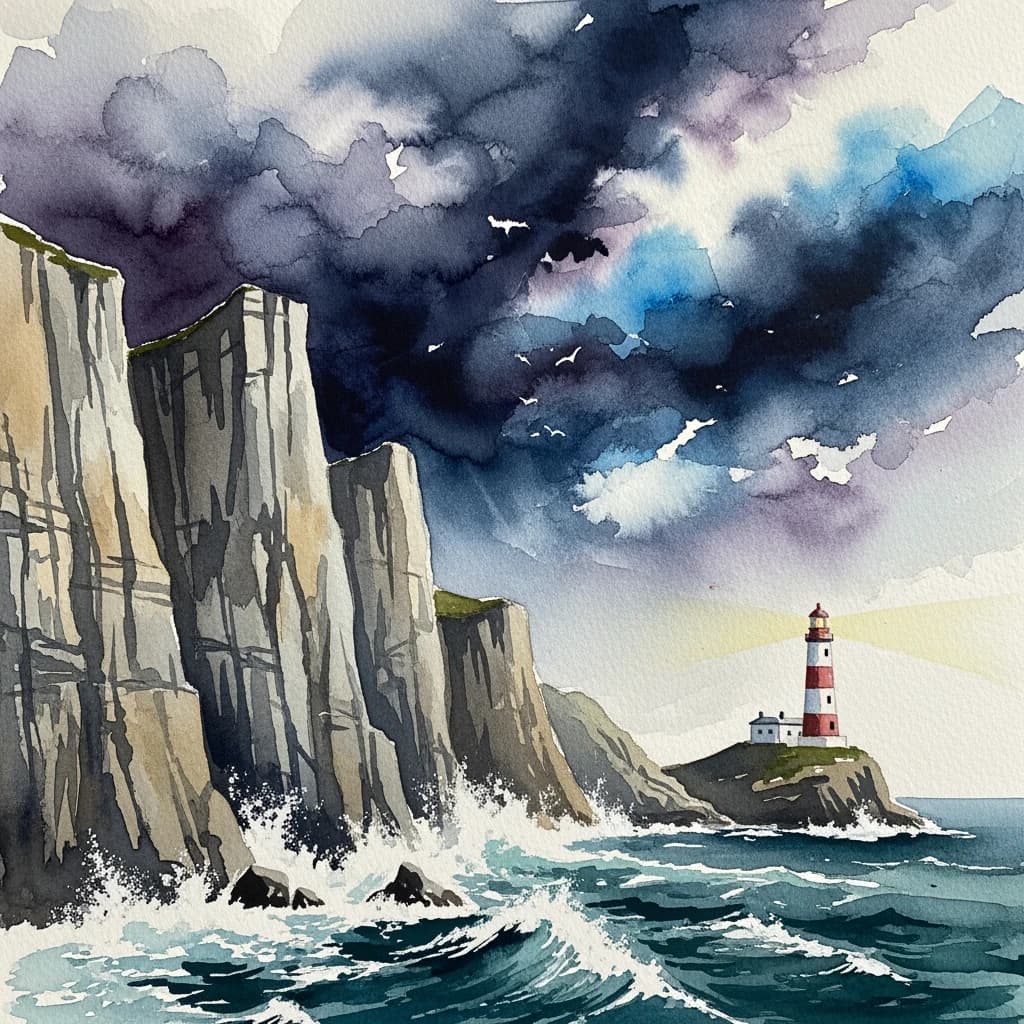 Please paint a watercolor of stormy cliffs and a lighthouse, moody sky.