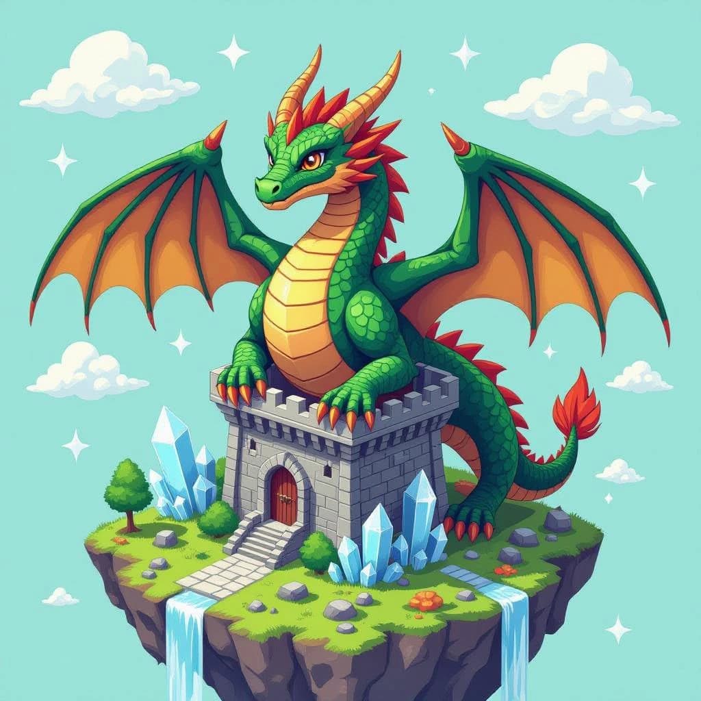 Render an isometric 3D crystal dragon circling a floating tower.