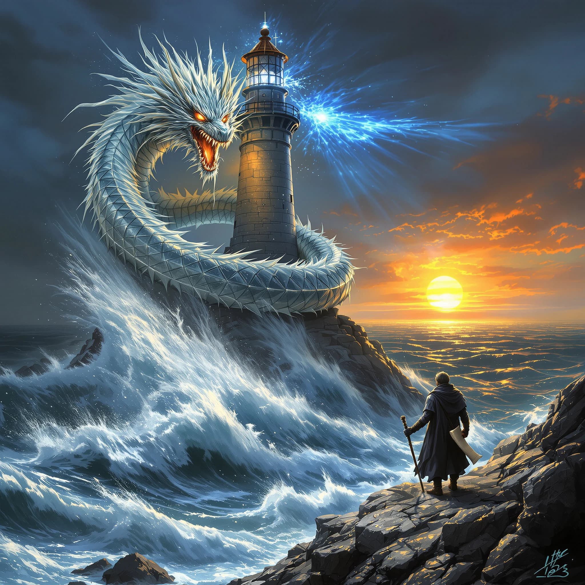 A dragon of molten silver coils around a lighthouse. The storming sea below crashes upward in frozen stillness, as though caught mid-motion. The dragon’s molten eyes drip tears of ice. On the horizon, two suns set next to each other, casting orange light on one side of the tower and blue on the other. A cloaked traveler carries an ancient weapon in his left hand and a scroll in his right.