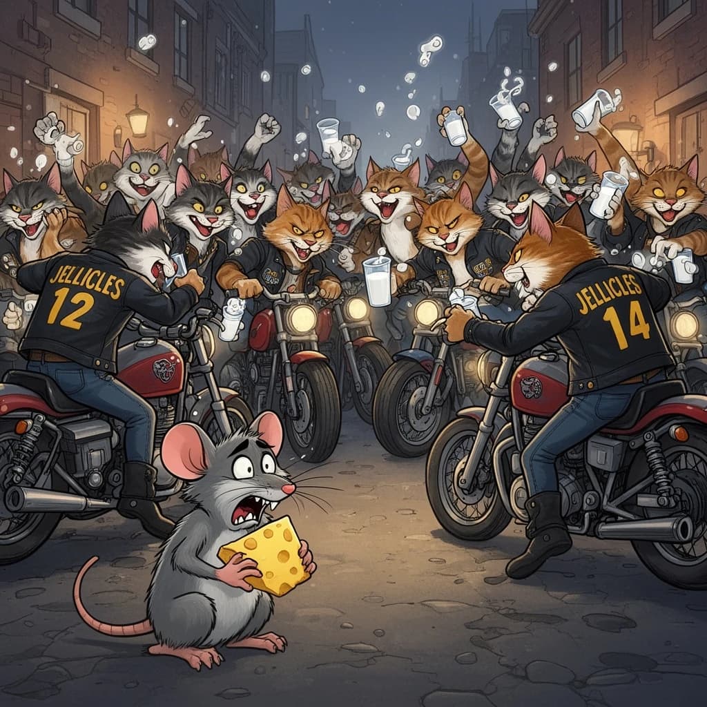 The cartoon rat clenches his thin wedge of cheese and trembles in fear as he hides from the menacing Jellicles, the roaming cat motorcycle gang, all wearing their colors with the name on the back. The cats have all drunk far too much milk and are causing a big ruckus! One cat is close to finding the rat