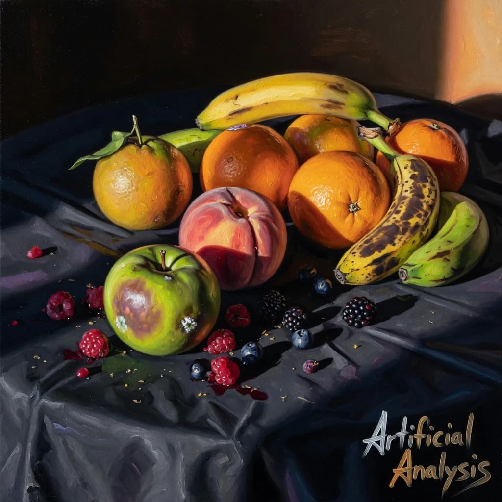 A still life scene painted oil on canvas, comprising various fruits on a black table cloth with striking lighting coming from the right out of frame, creating strong shadows. A bruised green apple is in the foreground, a peach behind it, and behind that a melange of oranges and bananas in various states of ripeness. Berries are strewn in front of the apple. The artist has signed his name "Artificial Analysis" in the bottom right corner in a hurried fashion.