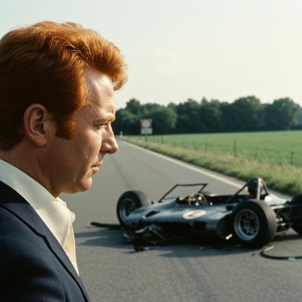 Mario examines the still smouldering wreck of the crash that took his best driver on the side of the country road. He designed this car and caused this. 3 days have passed since the crash. It's 1973 in Northern Italy.