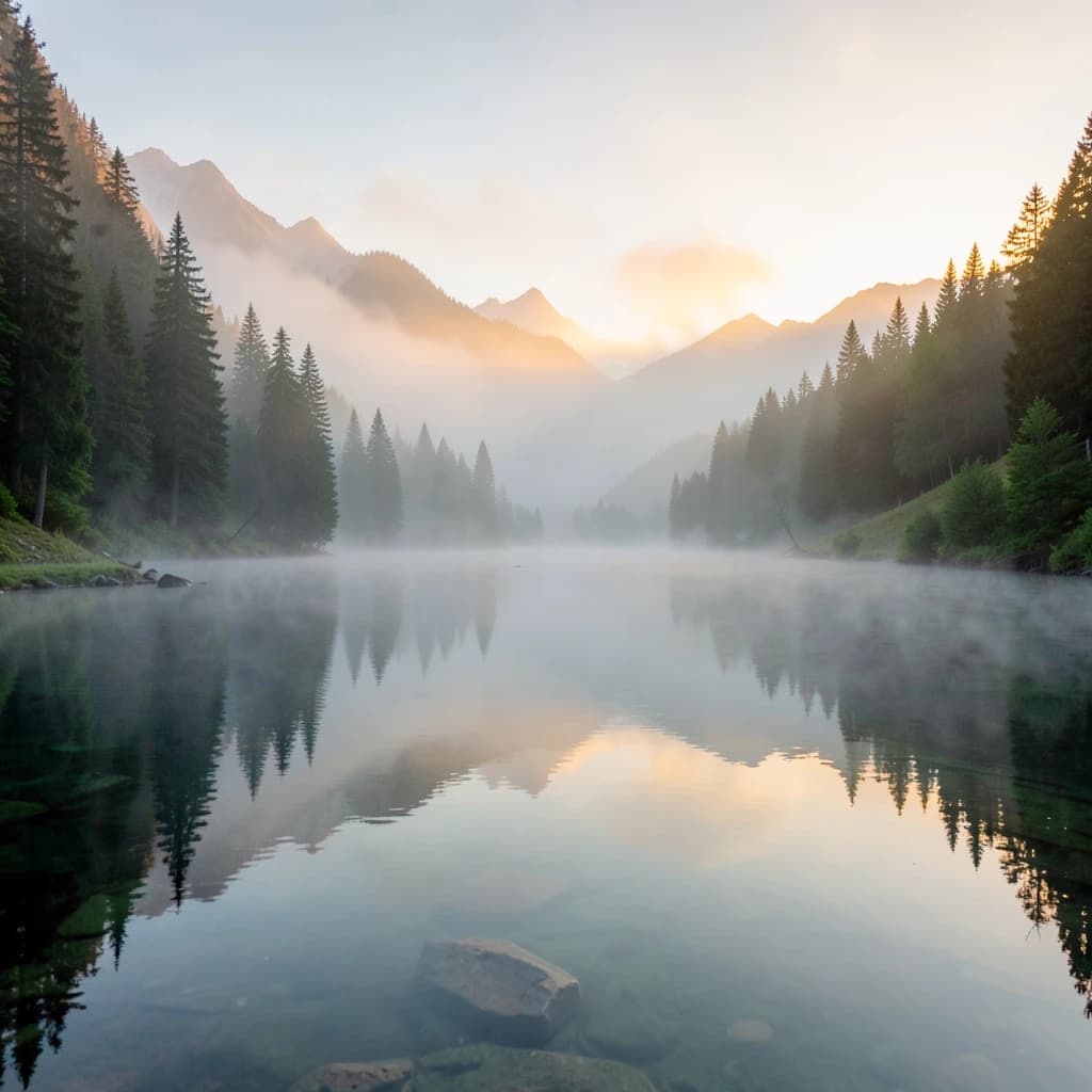 I want a photo of a misty alpine lake at dawn, pines, glassy water, warm light.