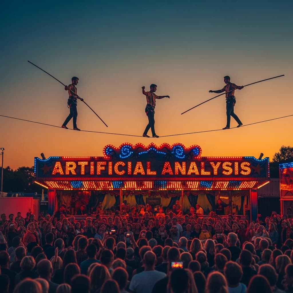 At dusk, high above a carnival crowd, three tightrope walkers balance on a single rope with no aids, one is off balance and grabbing at air. Below, the audience looks upward with baited anticipation. Artificial Analysis is spelled out in the background in carnival lights