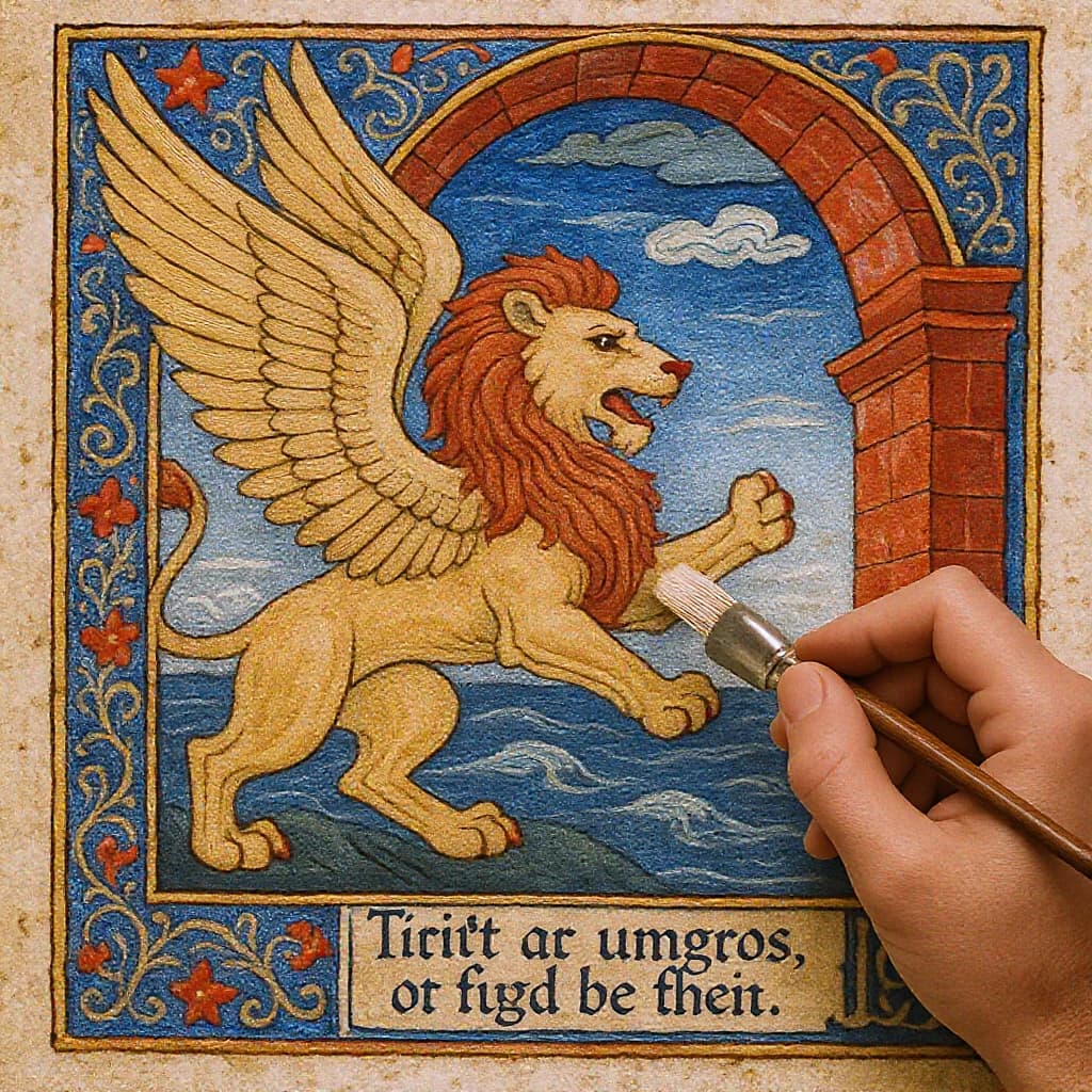 Paint an illuminated manuscript scene of a winged lion guarding a sea gate.
