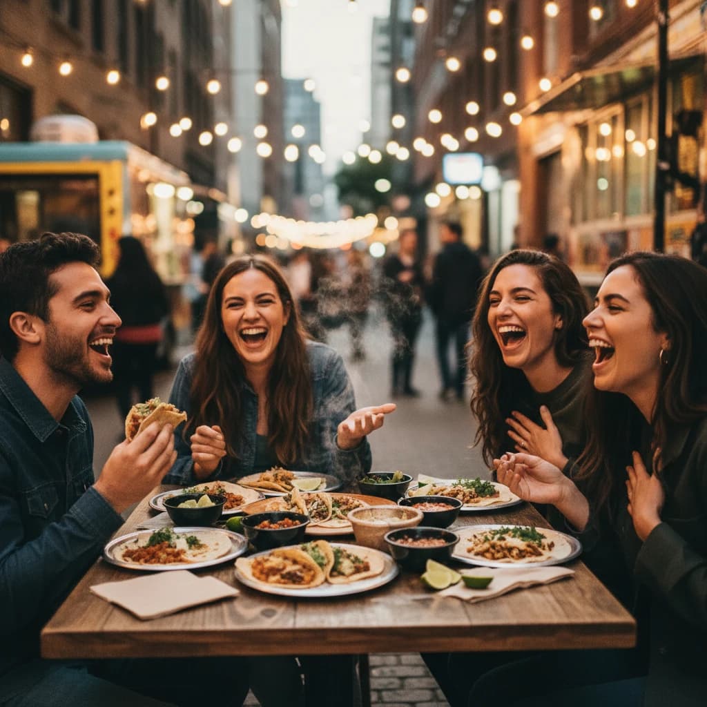 Friends laugh over street tacos at dusk, candid, shallow depth.