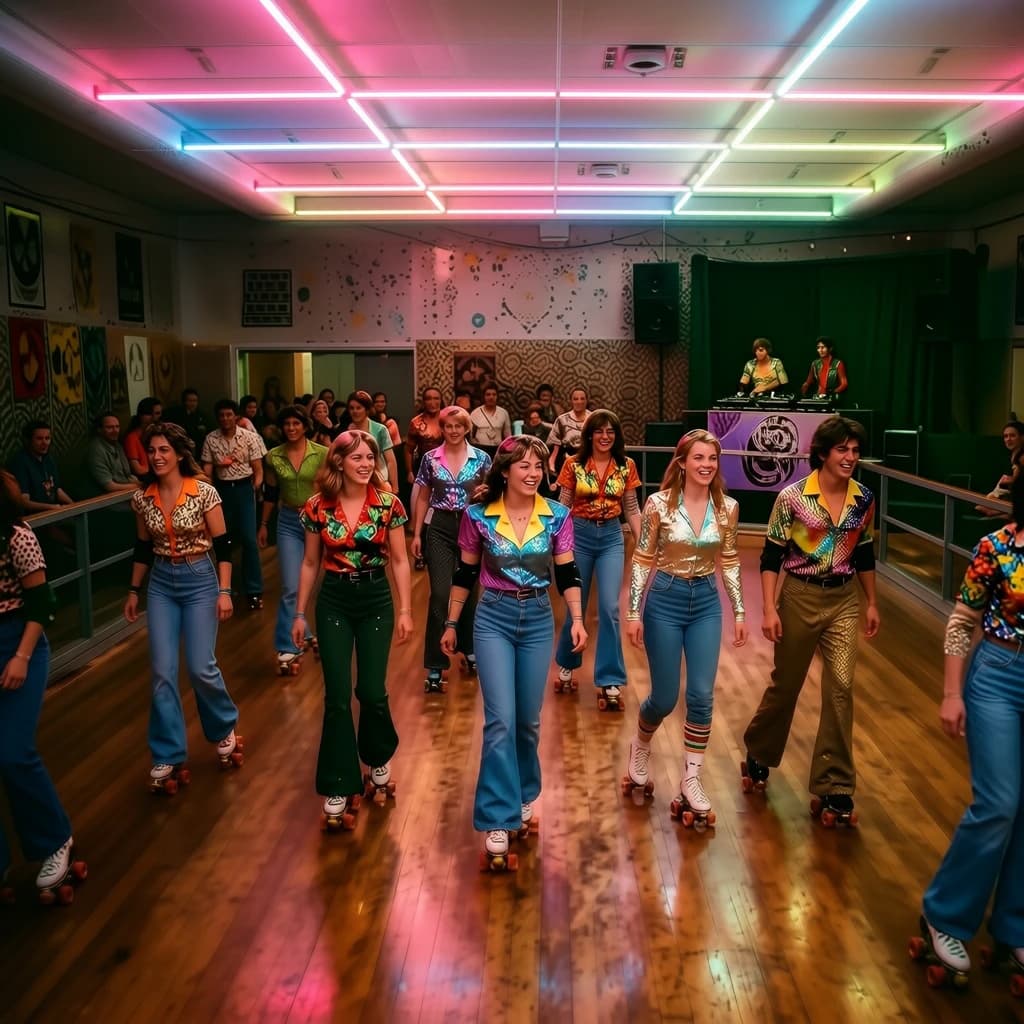 A 1970s roller rink crowd skates under neon, with a bit of fade and film grain.