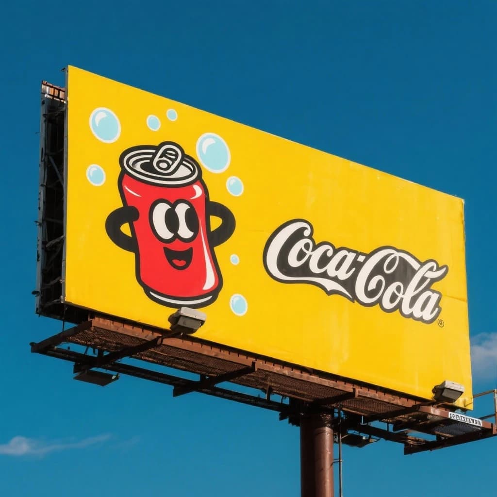 Design a bright soda billboard ad with a bubbly can mascot, thick inky lines.