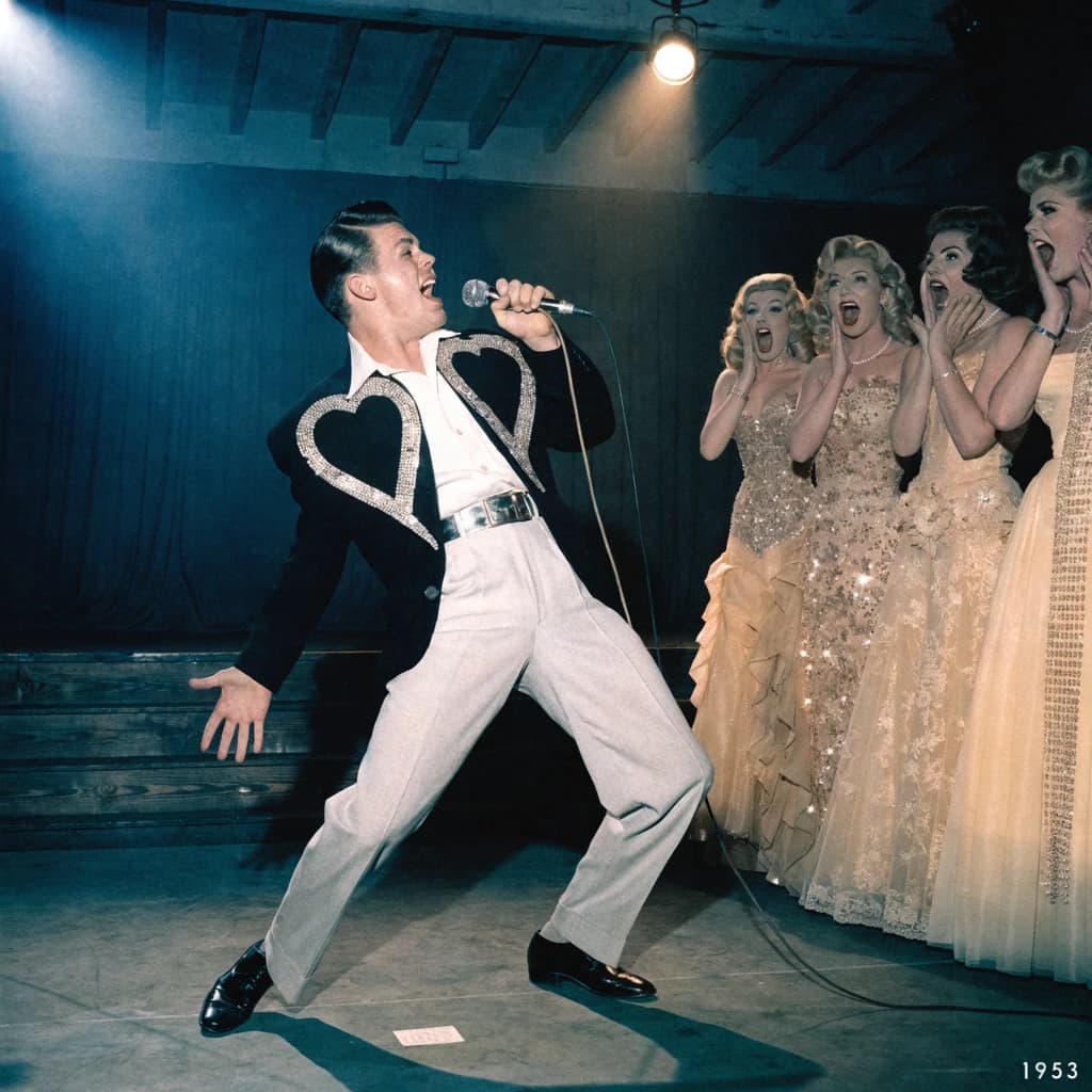 An archival image from 1953 of the rock singer swinging his hips on the stage while glamorous back up singers feign shock at his gyrations! He wears a diamond encrusted jacket with the stones arranged in the shape of a heart
