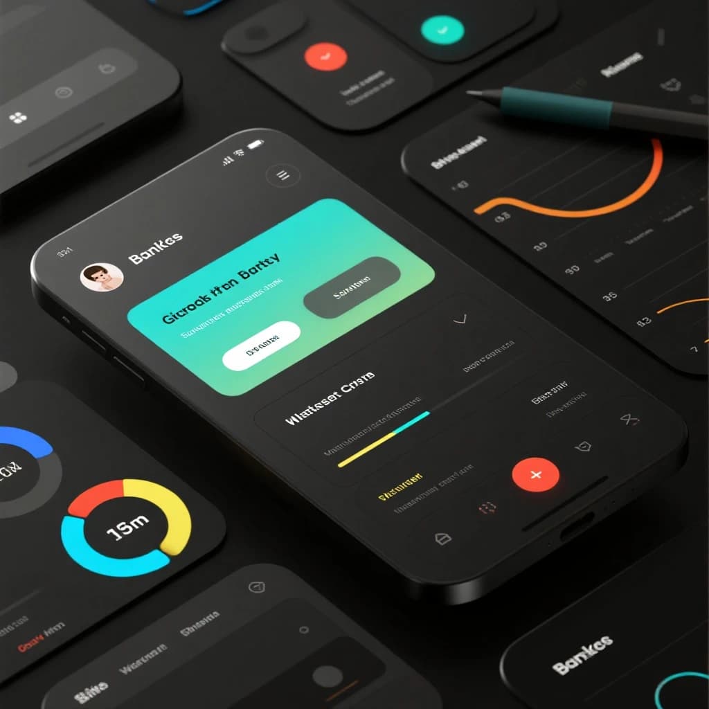 Dark mode banking dashboard with glassmorphism.