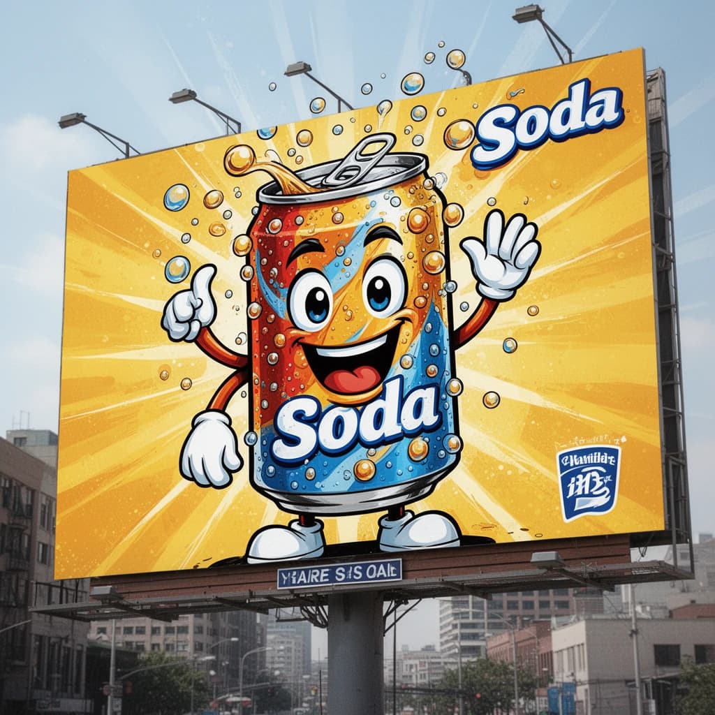 Design a bright soda billboard ad with a bubbly can mascot, thick inky lines.