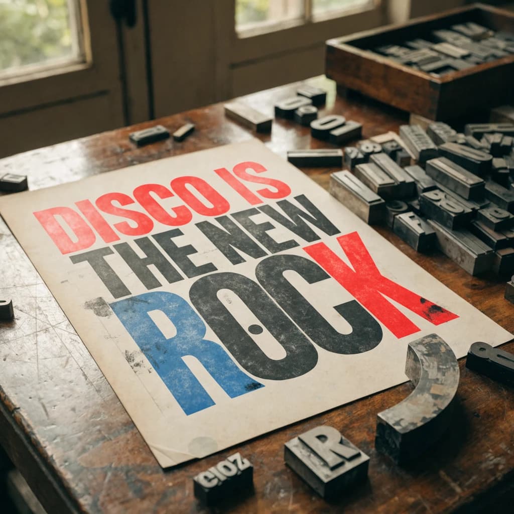 A vintage letterpress poster on a wooden desk: bold slab serif headline, tight kerning, misregistered ink, slightly worn edges, scattered metal type, soft window light.