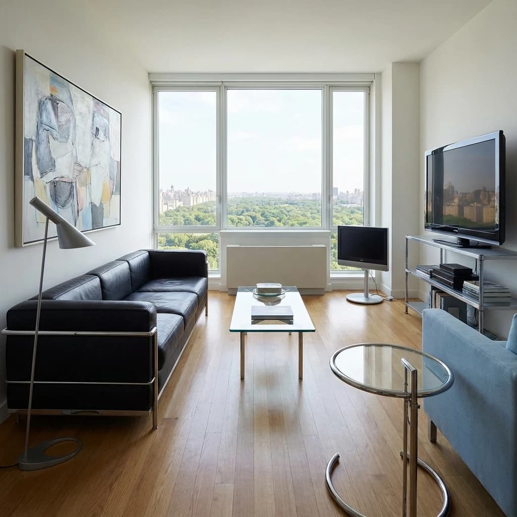 My apartment overlooks Central Park. It’s very luxurious, very expensive, and the furniture is minimal — a black leather couch, a glass coffee table with chrome legs, an Arne Jacobsen floor lamp. A big-screen television set rests on a steel shelving unit. A David Onica painting hangs above the couch. There’s a stainless steel and glass cocktail table. A powder-blue sofa. A thirty-inch digital TV.